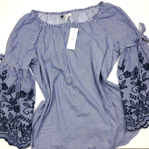 Fever Tops - Fever off shoulder top with embroidered sleeves Fever Tops - Fever off shoulder top with embroidered sleeves